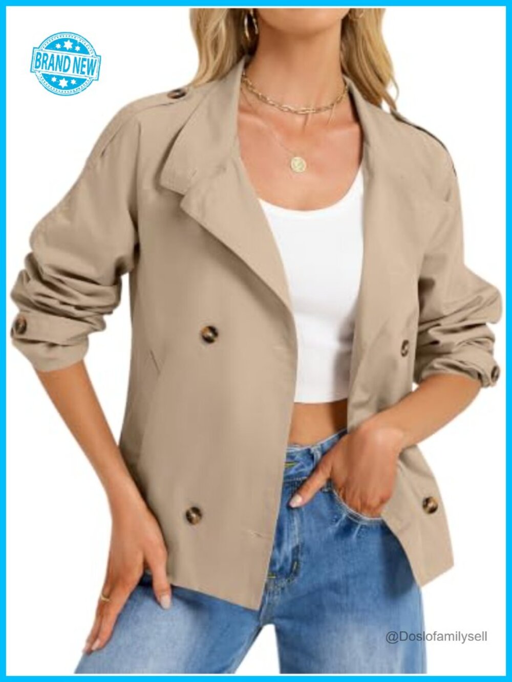 Womens Cropped Trench Coat Double Breasted High Collar Short Jacket